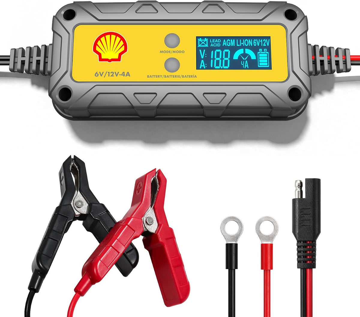 Shell Car Battery Charger 6V/12V- Smart Battery Charger 4A/1A with LCD Display, Automatic Lithium & Lead-Acid Trickle Charger Maintainer & Desulfator for Car Motorcycle Lawn Mower Boat Deep Cycle