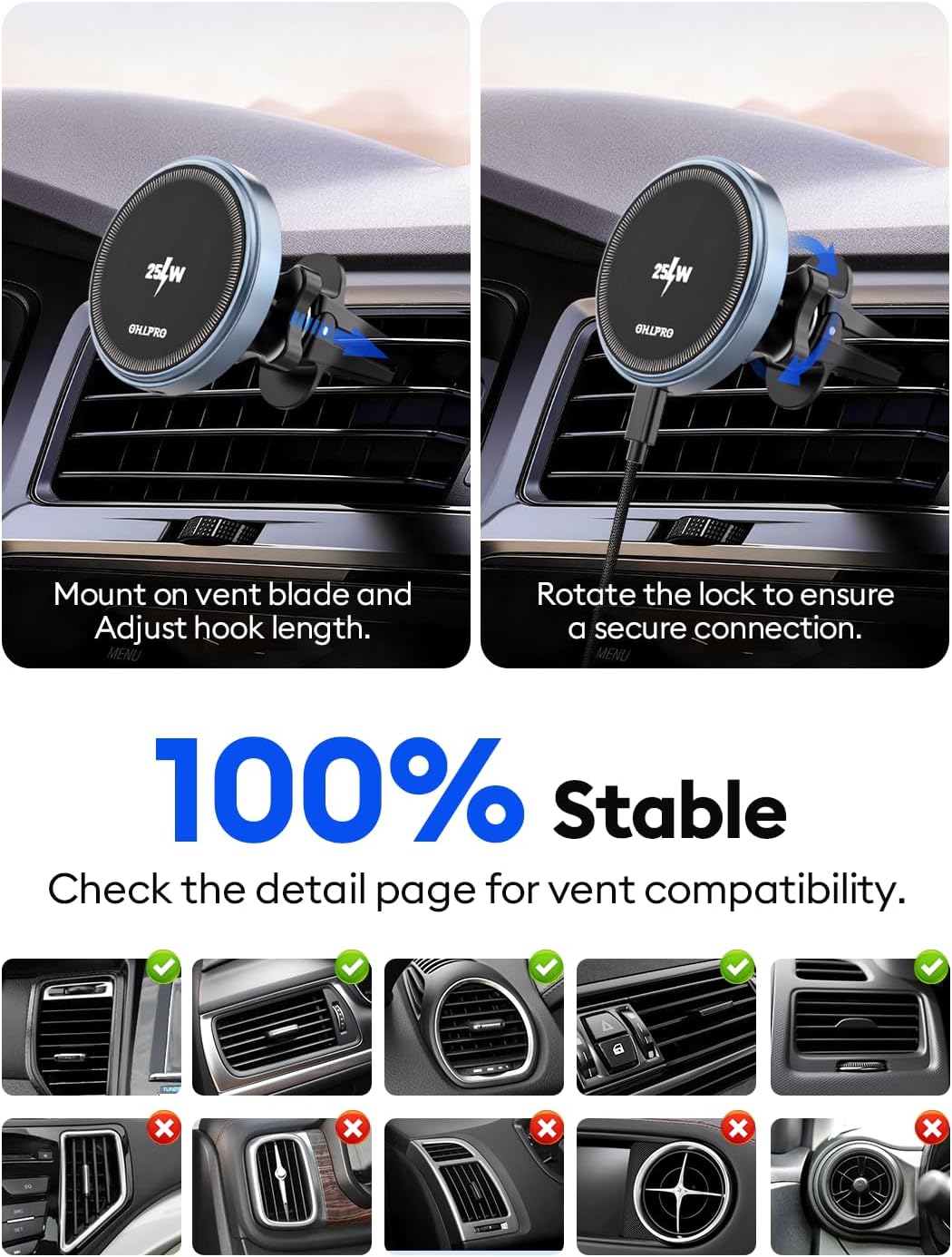 OHLPRO 25W MagSafe Car Charger Mount, Magnetic Wireless Car Charging Holder