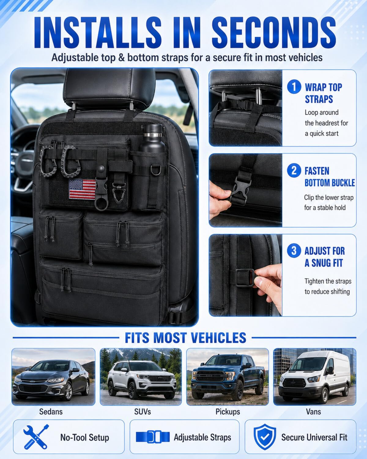 Tactical MOLLE Car Seat Back Organizer, Heavy Duty Backseat Storage Kit