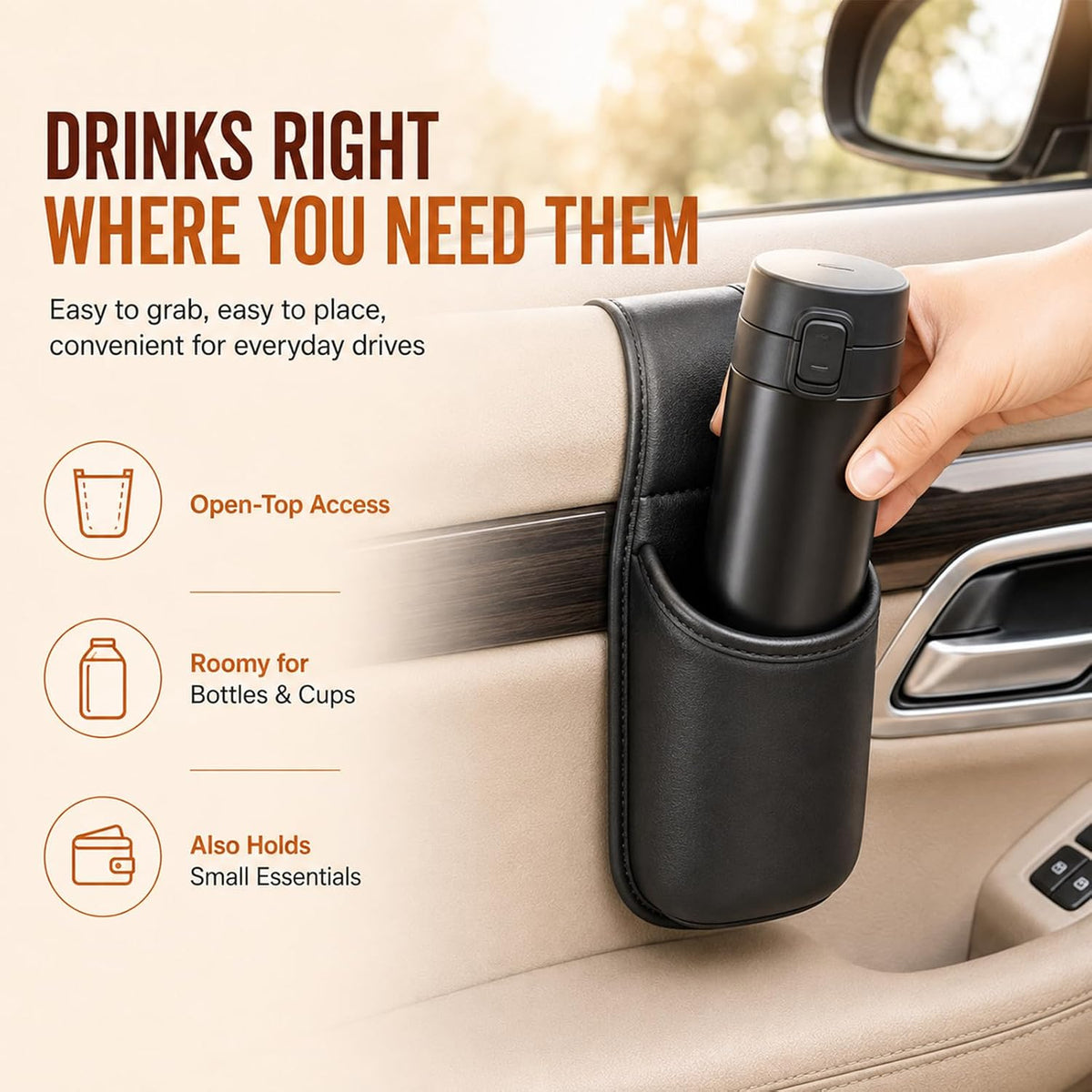 2 Pack Leather Car Door Cup Holder for Window,Multi‑Purpose Car Door Side Hanging Holder,Clip on Extra Large Drink Organizer for Phone Drink Bottle Sunglasses,Wide-Mouth Organizer(Black)