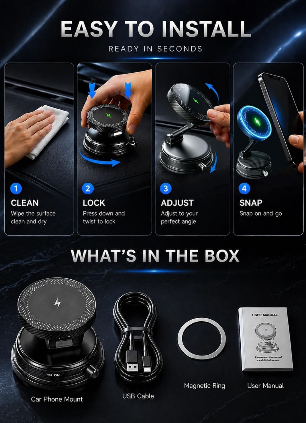15W Wireless Fast Charger Car Phone Mount Holder with Vacuum