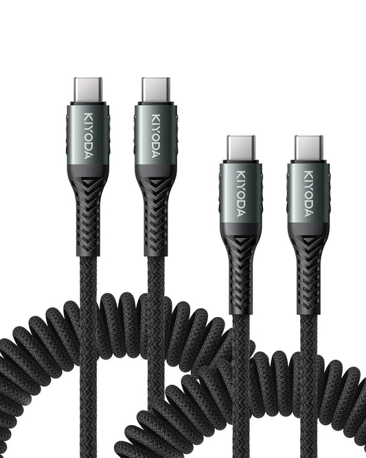 USB C to USB C Cable Coiled 6FT 2Pack, Braided Type C Charger for Car-Black