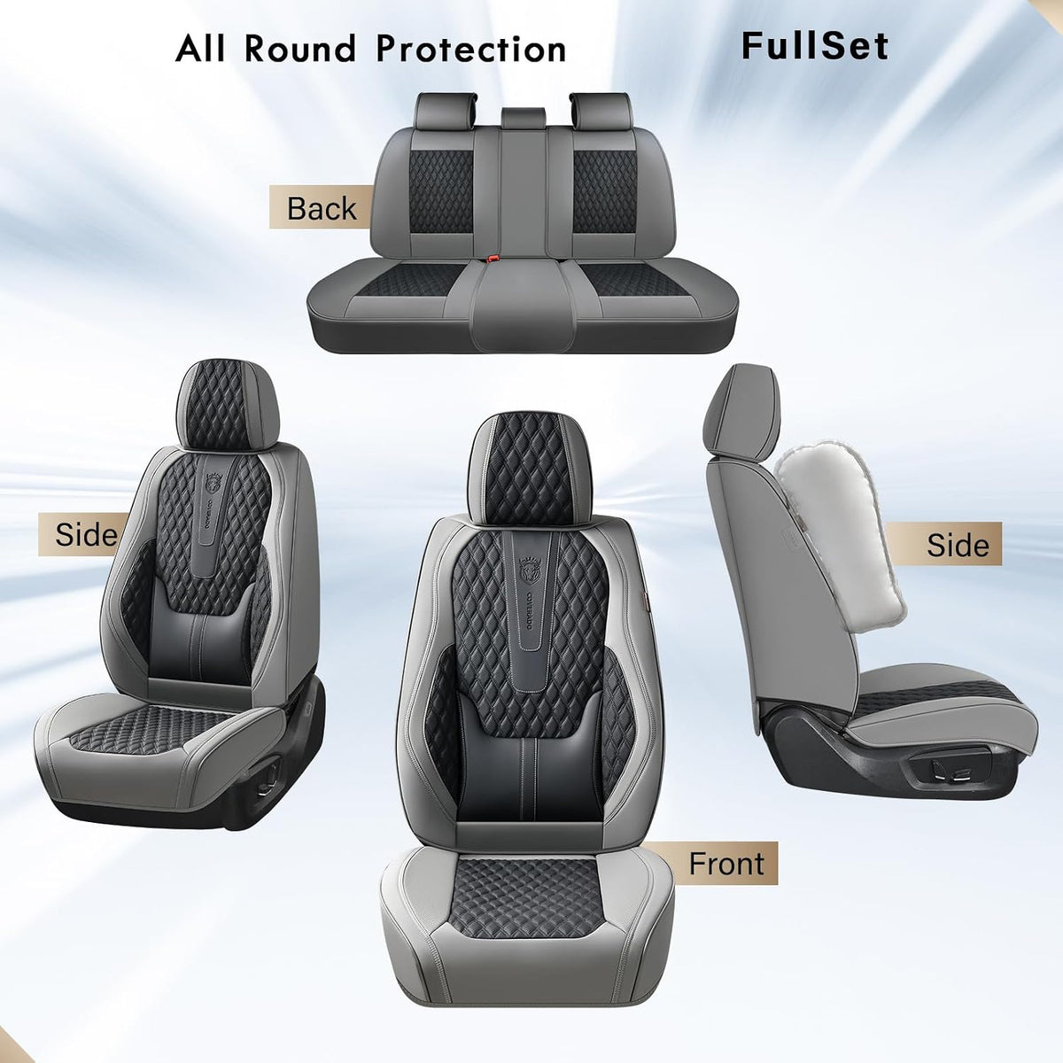 Coverado Car Seat Covers Full Set, Nappa Leather Seat Covers, Waterproof Car Seat Protector with Lumbar Support, Automotive Seat Covers Universal Fit for Most Cars SUV Trucks (Black-Gray)