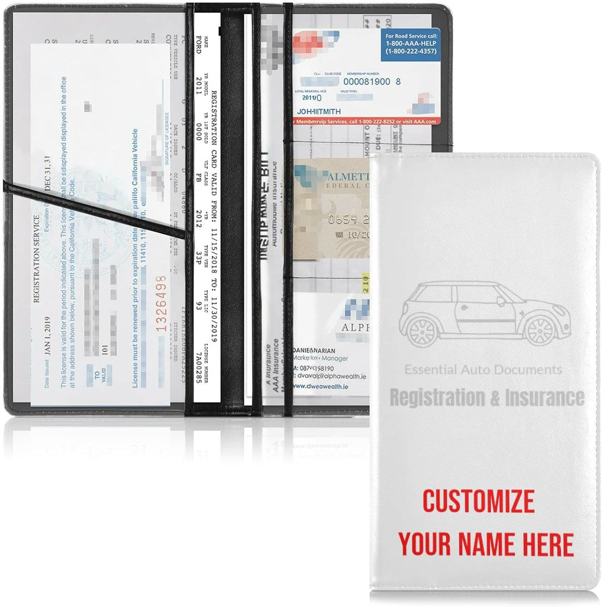 Custom Car Registration and Insurance Card Holder Personalized Leather Glove Box Organize Men Women Wallet Accessories Case for Cards, Essential Document Driver License White