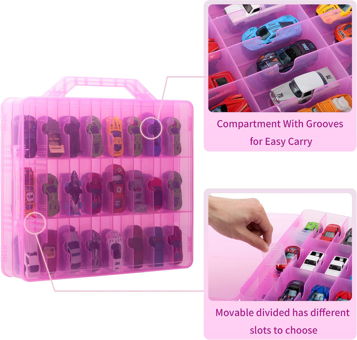 Double Sided Diecast Cars Storage Case for 48 Diecast Cars, Matchbox Cars, Mini Cars, Portable Transparent Storage Case for Diecast Cars, Matchbox Cars with 48 Compartments, Case Only