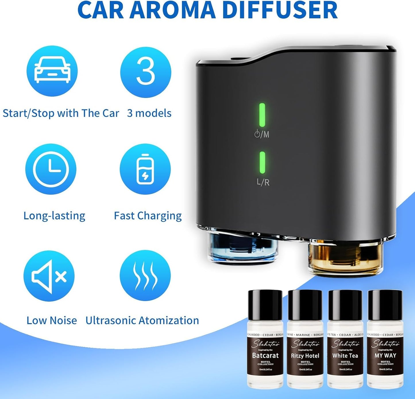 Waterless Car Diffuser Kit with 4 Fragrance Oils – Luxury Hotel Inspired Aromatherapy Air Freshener for Car, Vehicle, Office & Small Spaces (Black, Hotel Fragrance)