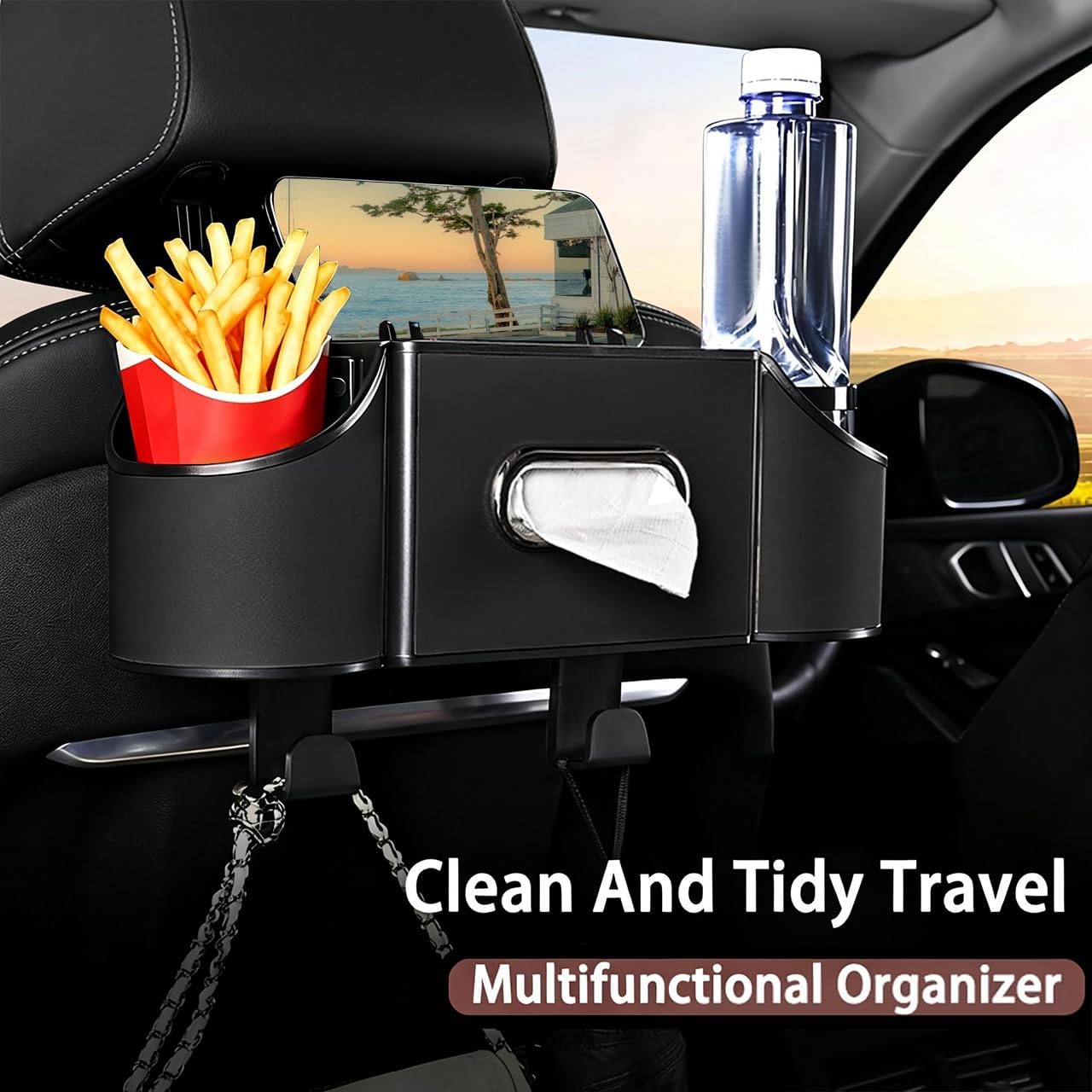 Back Seat Car Organizer,4 in 1 Multifunctional Car Back Seat Storage Box with Drink Cup Holder Tissue Box, for Hold Phone,Snacks, Drinks, Handbag-Black