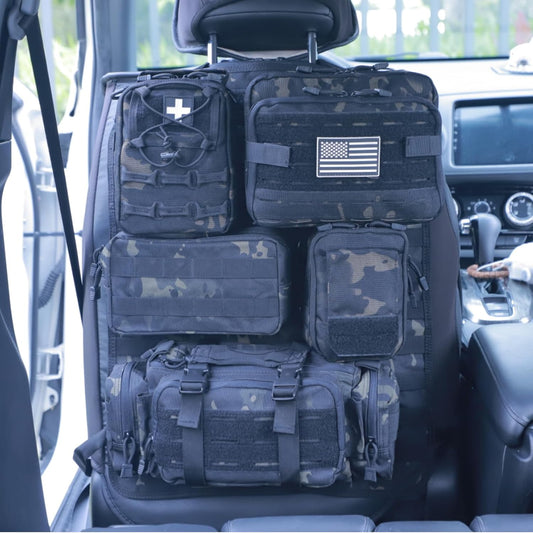 Universal Tactical Car Seat Back Organizer Bag Tactical Molle Vehicle Organizers Panel Vehicle Protector Organizers with 5 Detachable Pouches for Car Truck Ford Jeep (Upgraded C model Black camo)