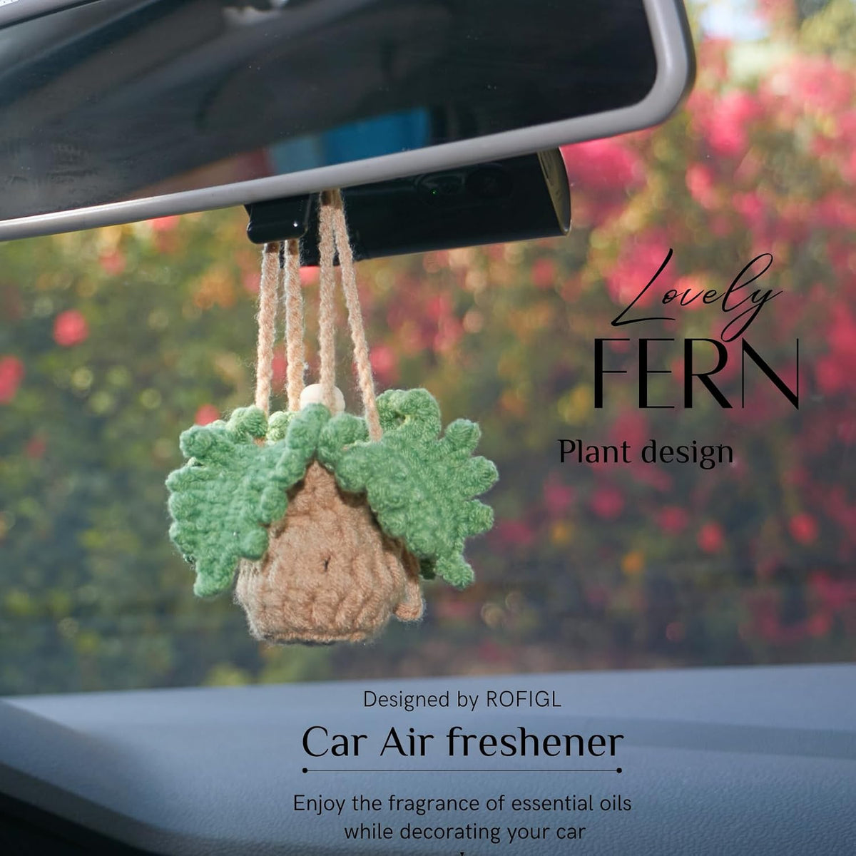 ROFIGL Handmade Crochet Car Air Freshener - Adorable Bendable Fern Plant with 8ml Empty Refillable Oil Diffuser Bottle, Suitable for Car Rearview Mirror Hanging, Home & Office Decor