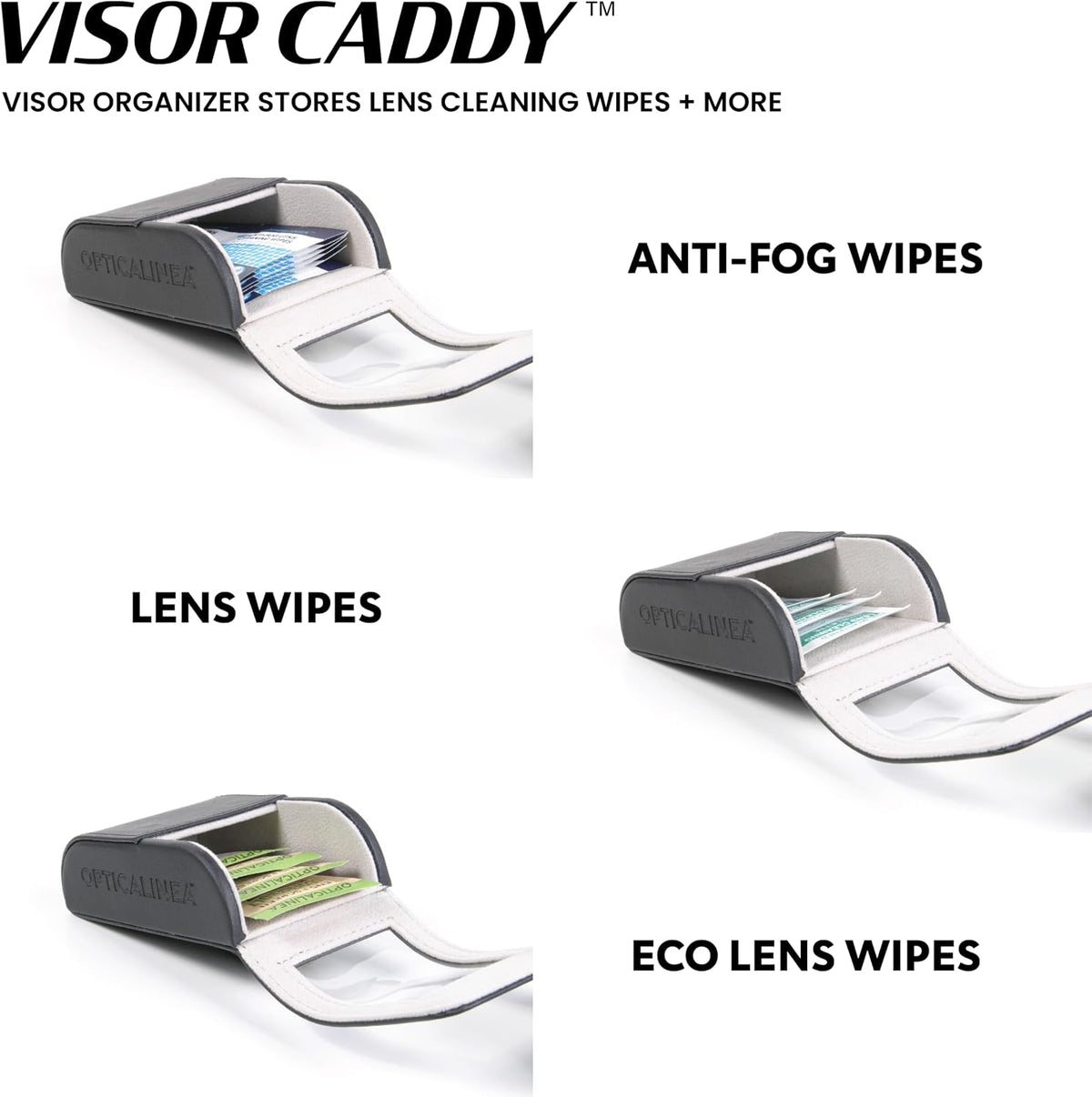 Visor Clip Caddy Vegan Leather Storage CASE for Eyeglass Wipes, Anti-Fog Wipes, Cleaning Wipes and Accessories with Easy Access Quick Release SELF Closing Magnetic Closure – Black