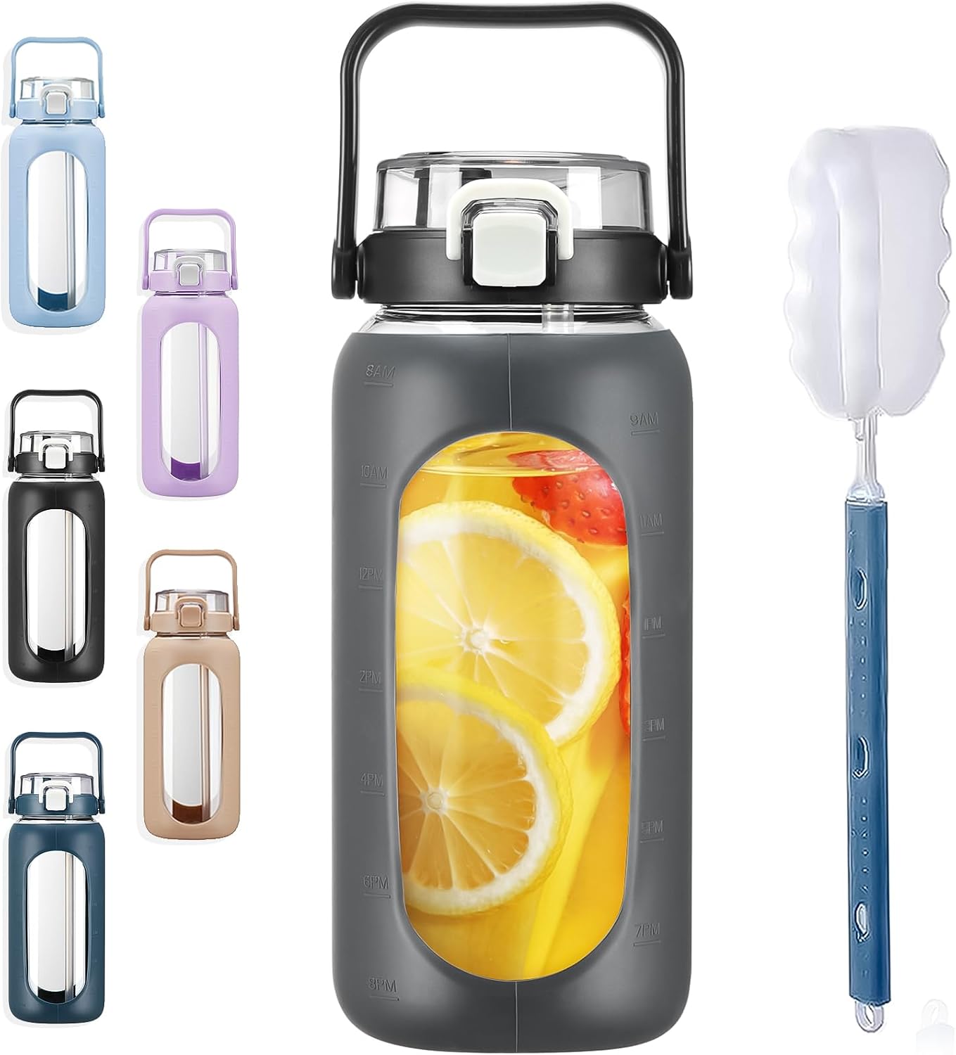 BLUEGO 40 oz Glass Water Bottles with Straw Time Marker, Glass Tumbler with Handle Top Lids, Easy to Clean, Fits in Car Cup Holder, Leakproof Jug for Gym, Sports, Workout & Daily, Dark Grey