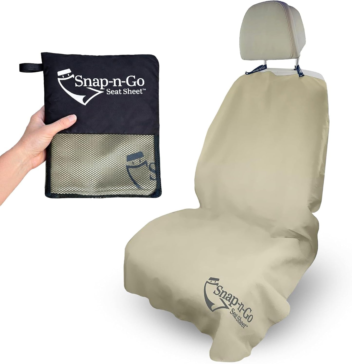 Car Seat Towel Cover After Gym Workout Yoga Pets | Snap-n-Go Seat Sheet™ Universal Fit with Headrest Post Straps, Quick-Dry Washable Sweat Protector for Cars, Trucks, SUVs Interior Protection (Beige)