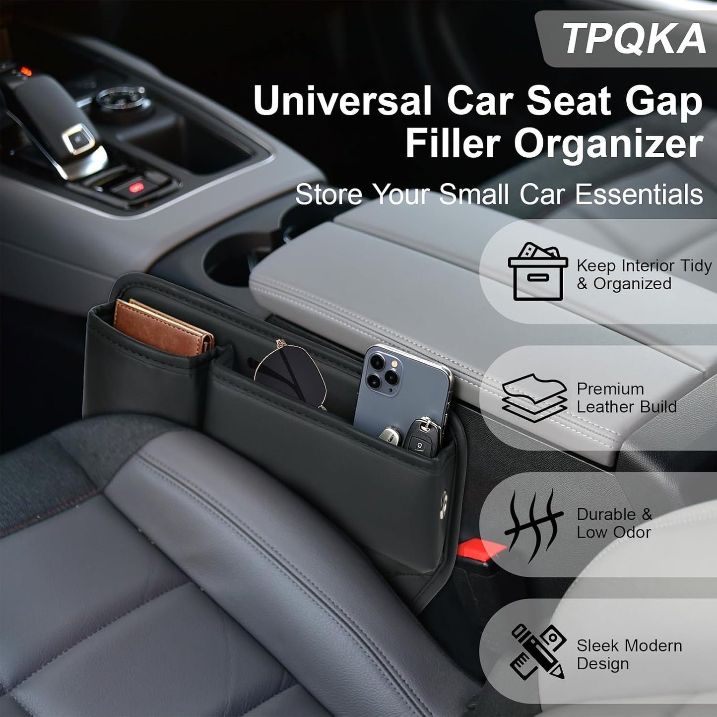 TPQKA Car Seat Gap Filler with Cup Holder (2-Pack) for Driver & Passenger Side, PU Leather Seat Gap Plug Organizer for Phones Keys Cards, Universal Fit for Cars SUVs Trucks, Black