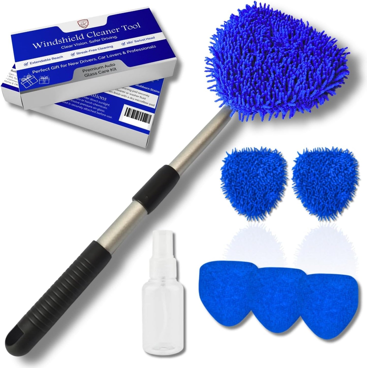 Windshield Cleaner Tool for Inside Car Windows with 6 Microfiber Pads Power Blade Glass Cleaning Kit, Magnetic Reach Handle for Auto Interior, Streak Free Window Supplies