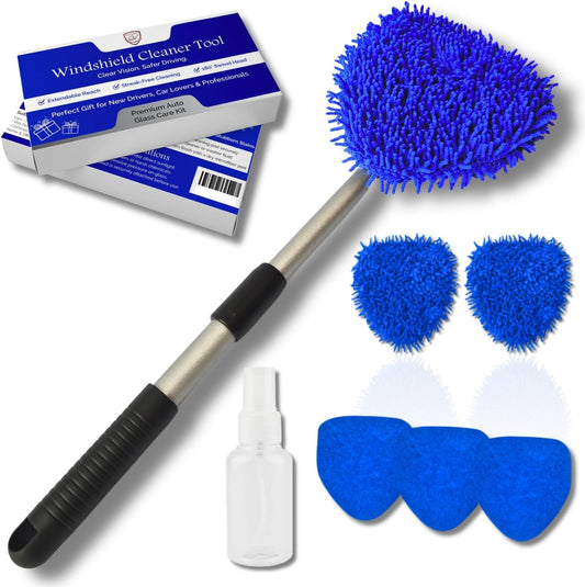 Windshield Cleaner Tool for Inside Car Windows with 6 Microfiber Pads Power Blade Glass Cleaning Kit, Magnetic Reach Handle for Auto Interior, Streak Free Window Supplies