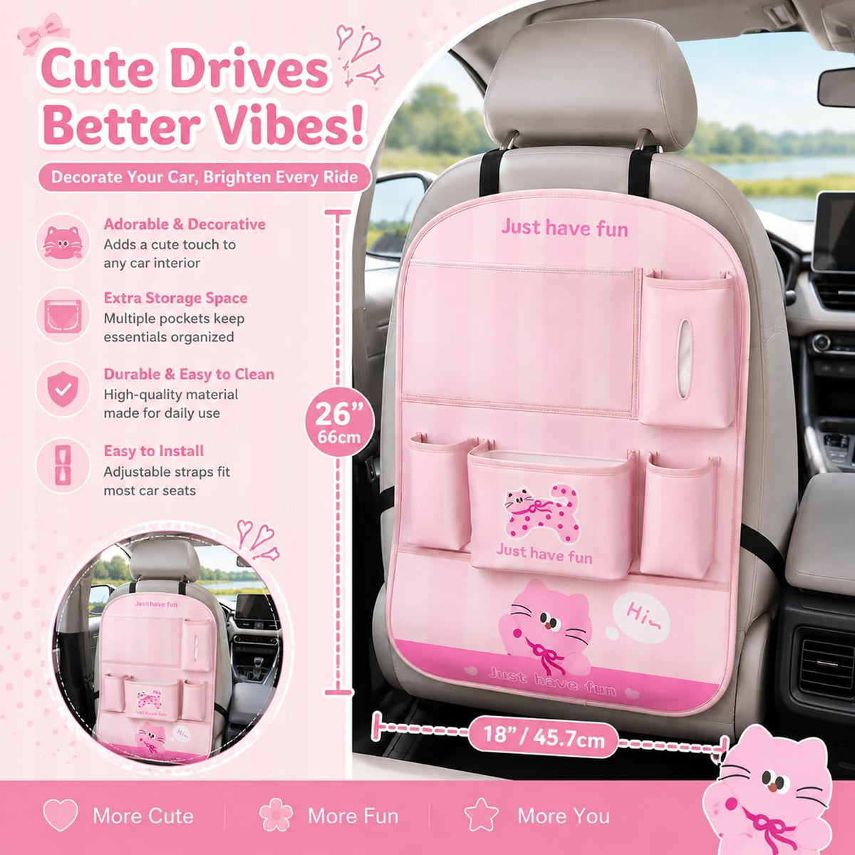 YUNZLAN Leather Backseat Car Organizer, Kick Mats Back Seat Protector with Touch Screen Tablet Holder Back Seat Organizer for Kids with 4 Storage Pockets Travel Accessories (PinkPinkCat)
