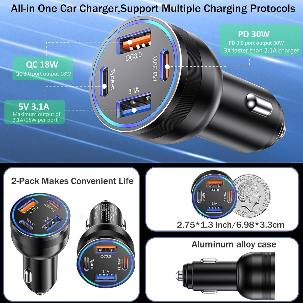 65W USB C Car Charger, 4-Port Cigarette Lighter Adapter PD30W Fast Charging