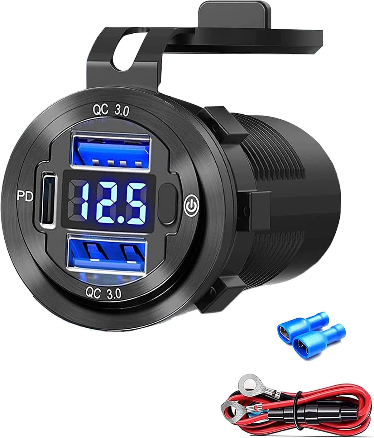 12V USB Car Socket, 3-Port Marine Aluminum USB Quick Charge Waterproof Cigarette Round USB C 12V Outlet for Car Golf Cart Boat Marine Bus Truck RV Marine Motorcycle etc(2QC+1PD(1Pack))