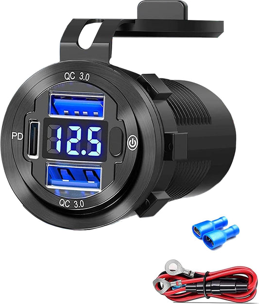 12V USB Car Socket, 3-Port Marine Aluminum USB Quick Charge Waterproof Cigarette Round USB C 12V Outlet for Car Golf Cart Boat Marine Bus Truck RV Marine Motorcycle etc(2QC+1PD(1Pack))