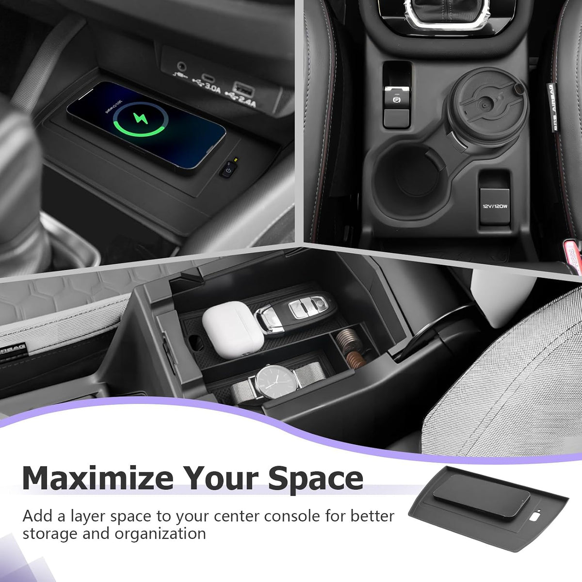 LUWU for 2025 Subaru Forester Accessories for 2025 Forester Wireless Charging Mat - Center Console Cup Holder - Armrest Console Storage Box 3-Pack (Not for 2026 Touring/Wilderness/Premium)