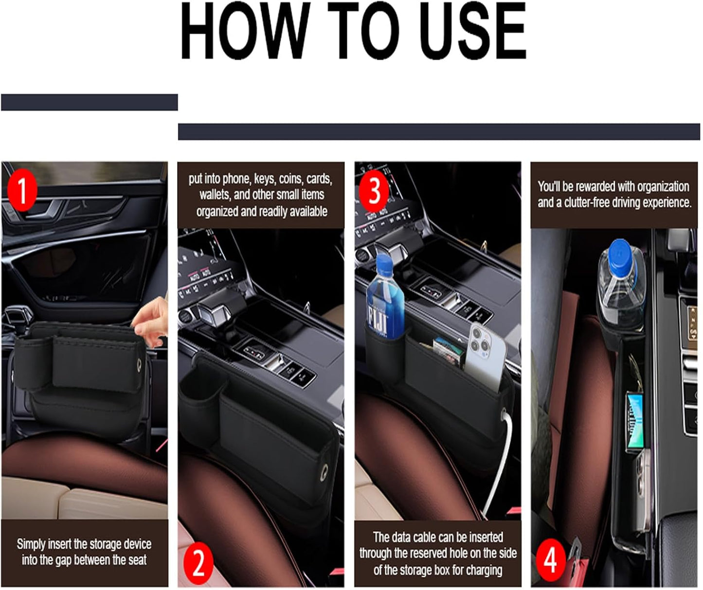 LINPING Car seat gap filler organizer,2024 Universal New Seat Gap Storage Box, Car Leather Cup Holder Gap Bag for Glasses Phones Keys and Cards (black, Driver+Passenger)