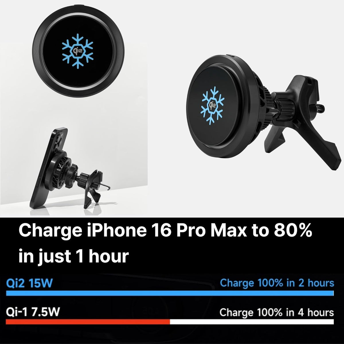 Qi2 15W Magnetic Vent Mount Car Charger, Powerful Peltier Cooling