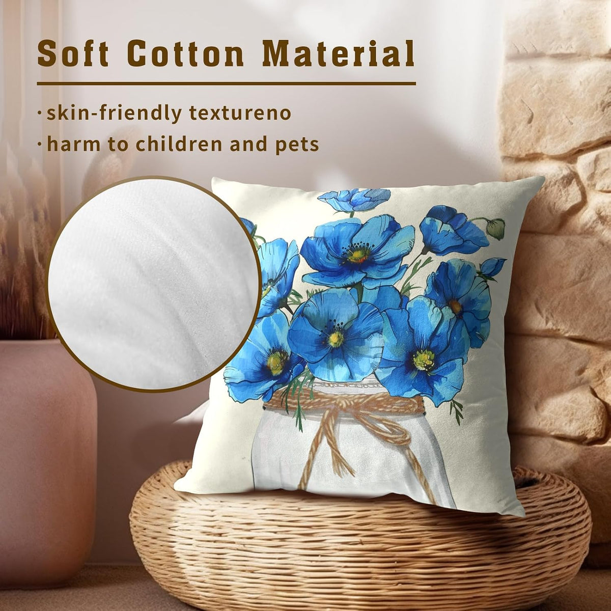 Blue Poppy Throw Pillow Covers 18x18 Inch Set of 2 Watercolor Summer Flower Mason Jar Decorative Pillow Cushion Cases for Sofa Couch Living Room Housewarming Party Decor