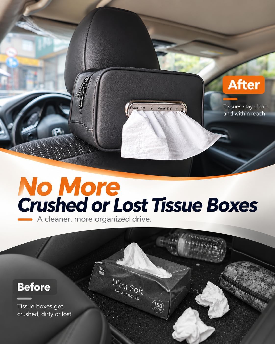 Leather Car Tissue Holder, Extra Large Tissue Holder for Car, Fits 120–230 Count Rectangular Tissue Boxes, Wider Opening for Easy Access, Dual Zipper for Headrest,Console,Seat Back (Black)