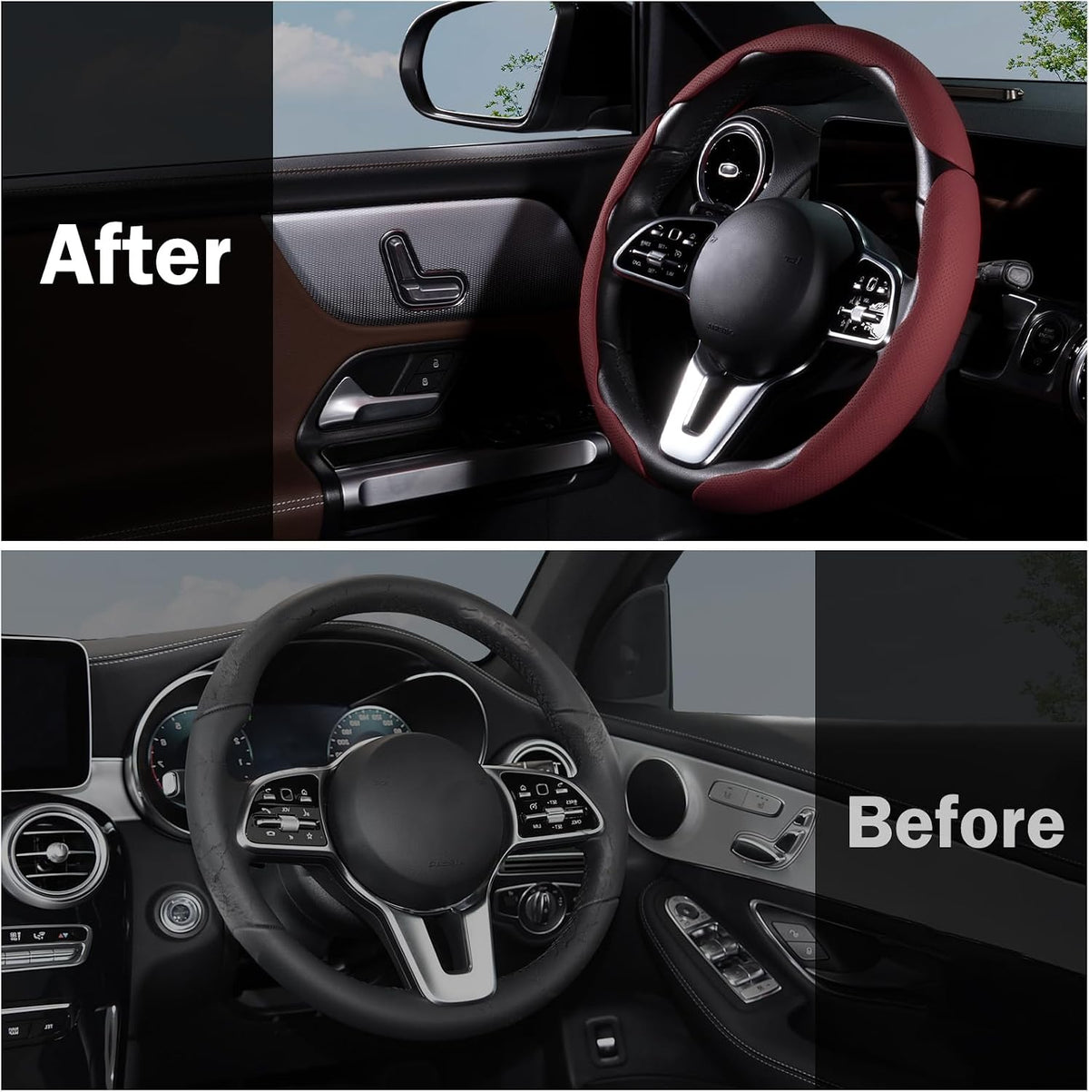 Car Steering Wheel Cover Leather 14.5-15 in Universal 3Pcs Set Wine Red
