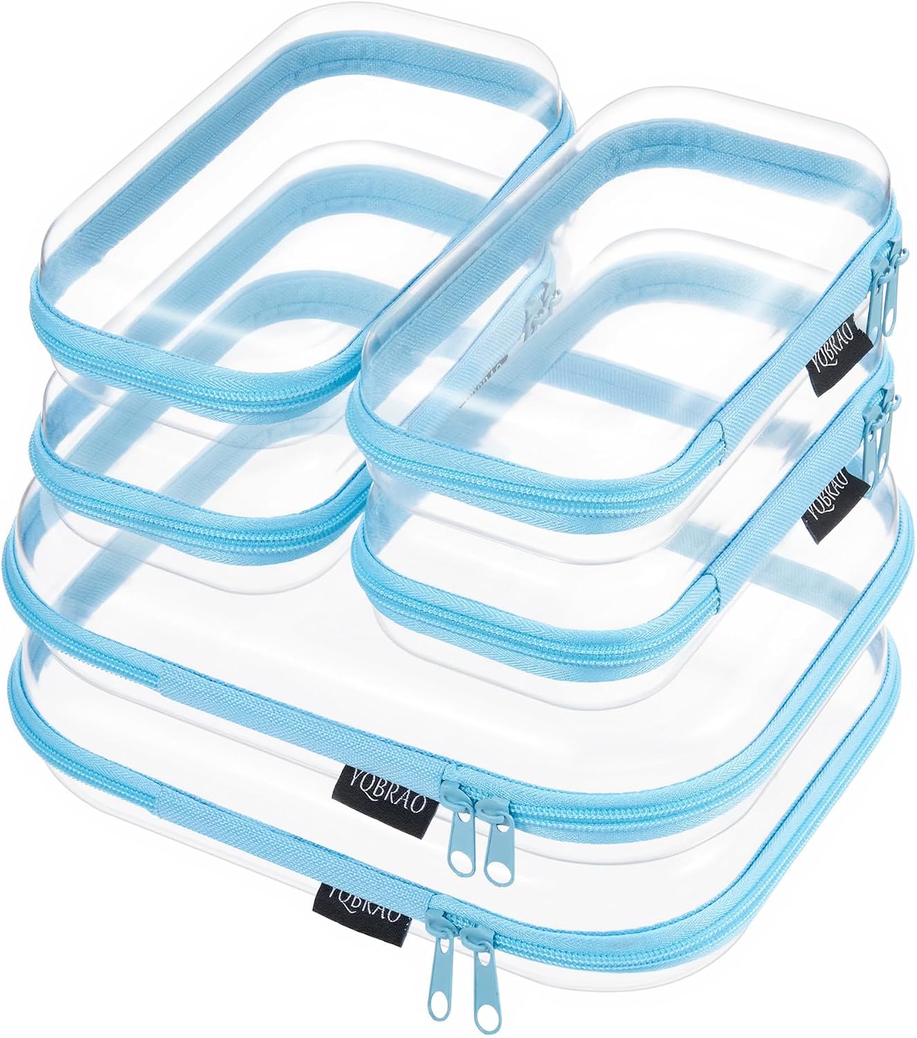 6 Pack Blue Clear Hard Shell Beauty Organizer (2M+4S), 1.2mm Heavy Duty Crush-Proof Cosmetic Case, Reinforced YKK Zippers, Stadium Approved Security Bag for Skincare & Electronics, Multi-Size Set