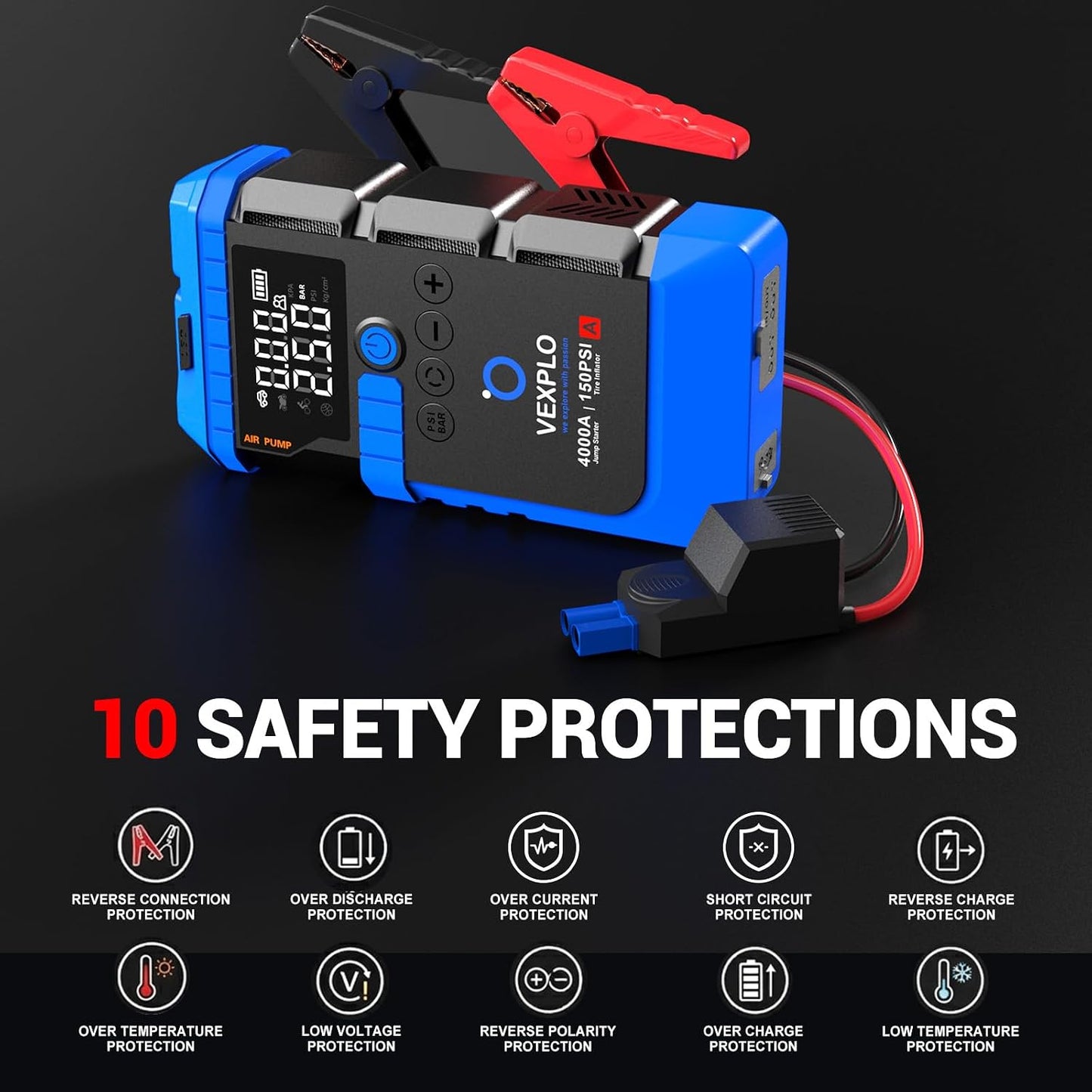 VEXPLO Jump Starter with Tire Inflator Portable Roadside Emergency Car Kit | 4000A Car Battery Jumper Start (9.0Gas/8LDiesel) 150PSI Auto-Off Tire Inflator 45W Fast Charger 8-in-1 Emergency Roadside Kit