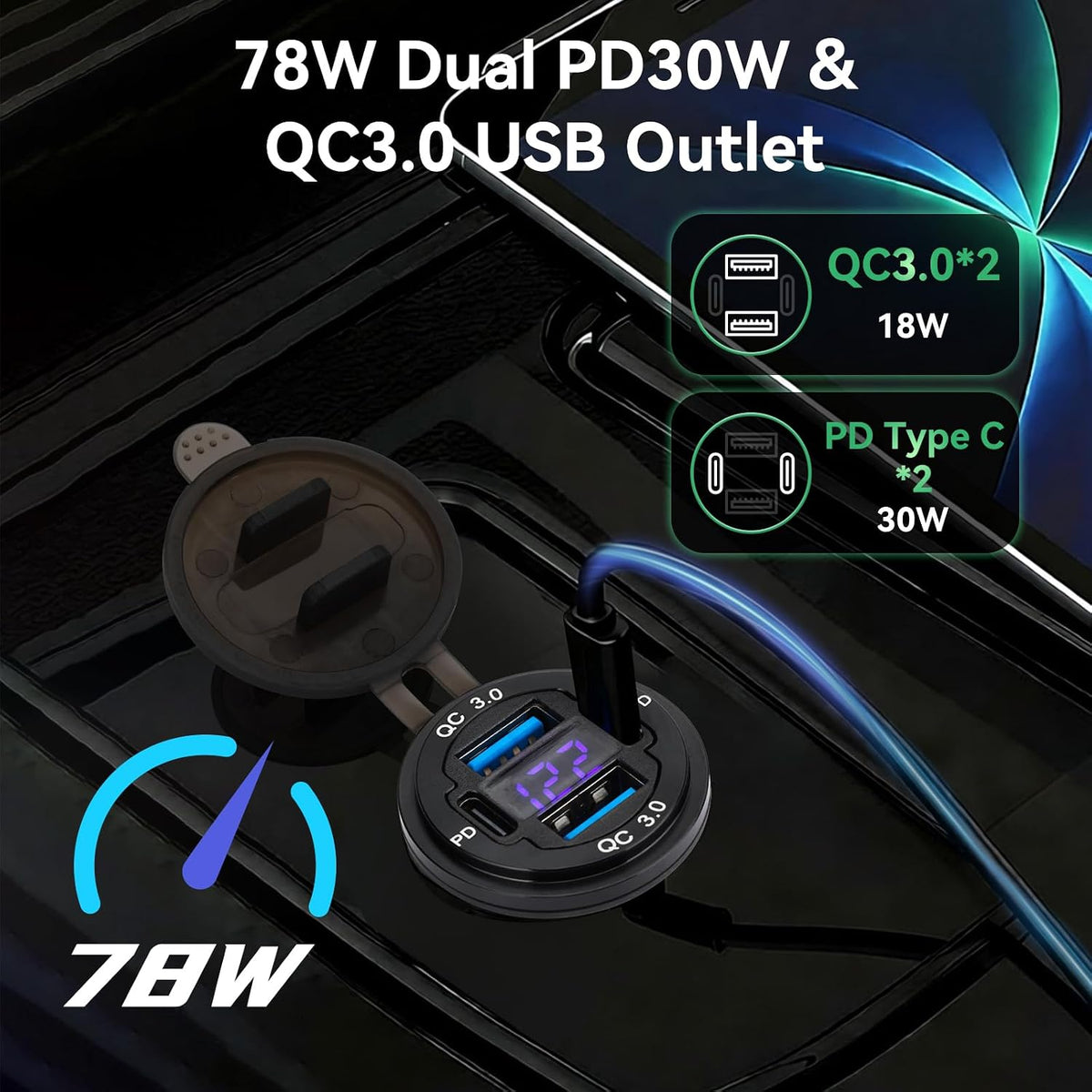 2 Pack 12V USB Outlet 4-Port, 78W Dual PD30W & QC3.0 Fast Charger