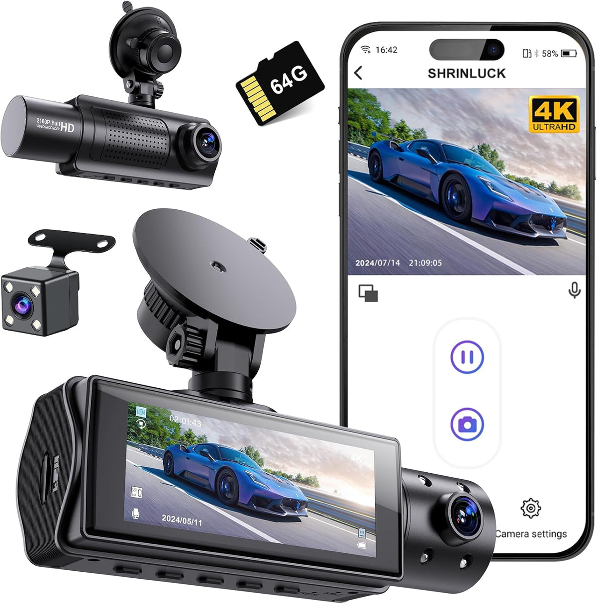 Miden 4K WiFi Dash Cam Front and Rear Inside, Free 64G SD Card, 2160P+1080P+1080P FHD 3 Channel Dash Camera for Cars, Night Vision, 24H Parking Monitor, 360° All Sides Dashcam, G-Sensor, WDR