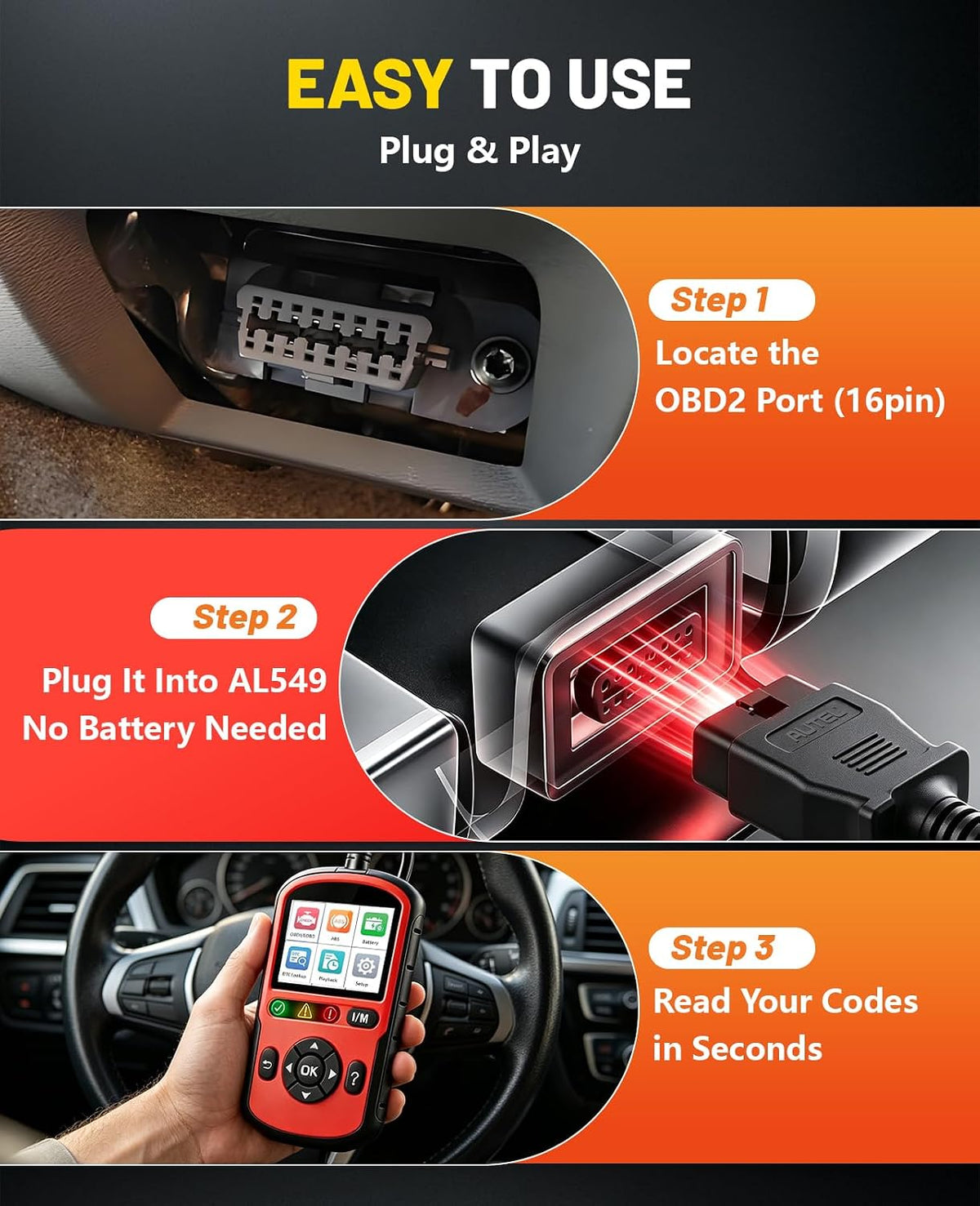 Autel OBD2 Scanner Autolink AL549, Car Code Reader for Check Engine Light, OBD2 Scan Tool for Read & Clear Fault Codes, Battery Test & Live Data, OBDII Diagnostic Tool for 1996+Cars and Trucks