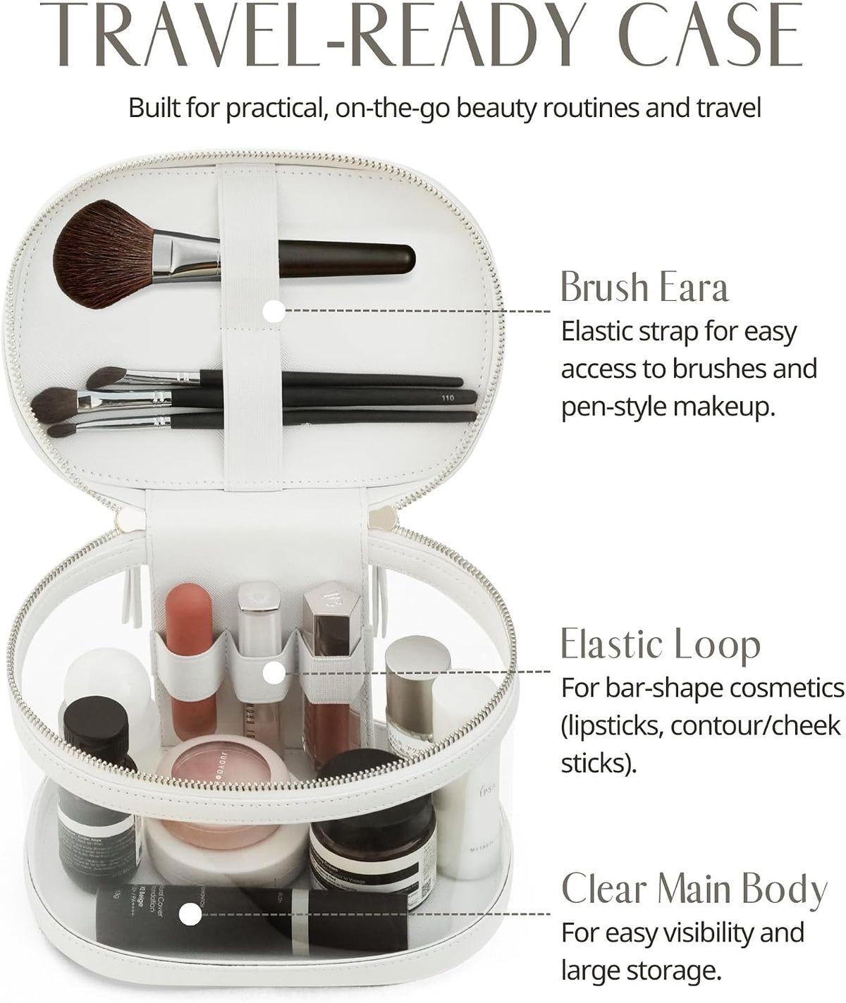 Popvibe Clear Makeup Train Case Vanity Bag Make Up Travel Bag with Brush Holder, Compact Transparent Makeuo Bag for Traveling Leather Cosmetic Case Portable Travel Essentials Toiletry Organizer White