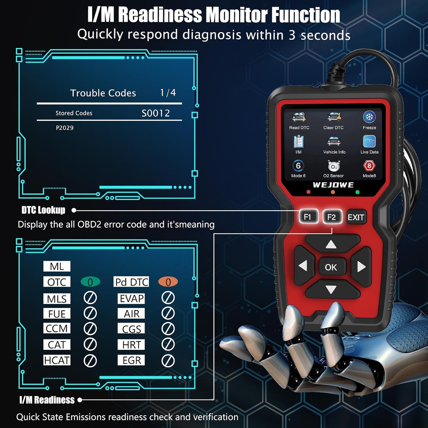 WEJOWE Upgraded OBD2 Scanner Diagnostic Tool, Check Engine Code Reader OBD2 Scanner with Reset, Battery Test Check Engine Light Mode 6, Mode 8 & I/M Car Diagnostic Scan Tool for All OBDII Car
