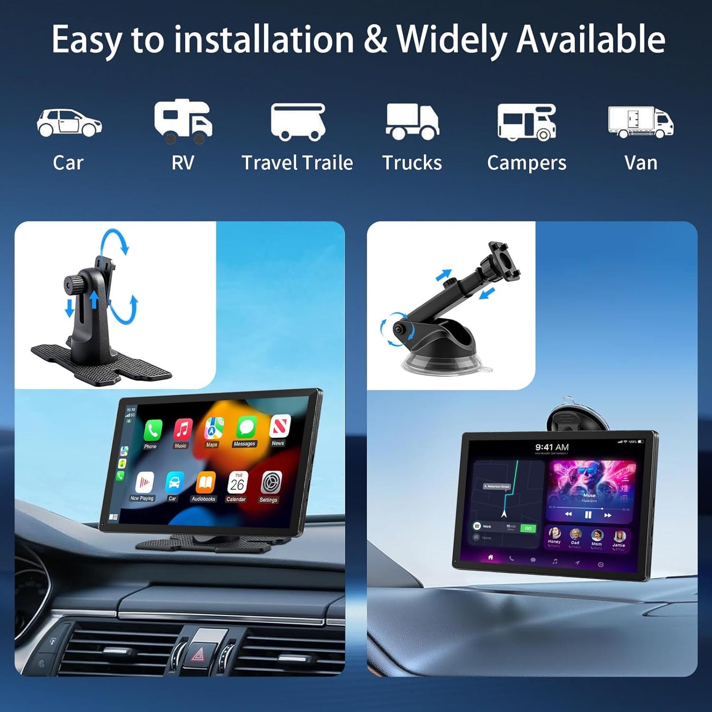 CarPlay Screen for Car, 9'' Wireless CarPlay & Android Auto - Smart Portable Touchscreen with Bluetooth/FM, Mirror Link, Voice Control, GPS Navigation, Hands-Free Calling, Plug & Play Car Play Screen