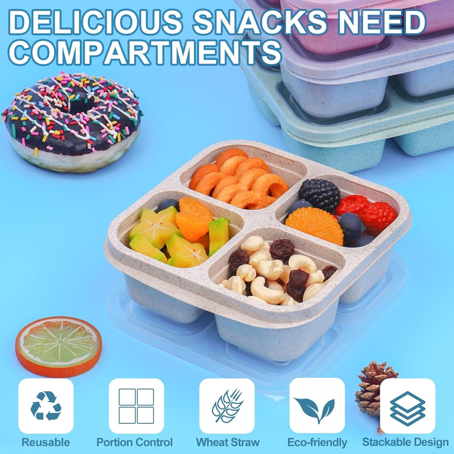 LCHLZZ 4 Pack Snack Containers, Divided Bento Snack Box, 4 Compartments Reusable Meal Prep Lunch Containers for Kids Adults, Food Storage Containers for School Work Travel