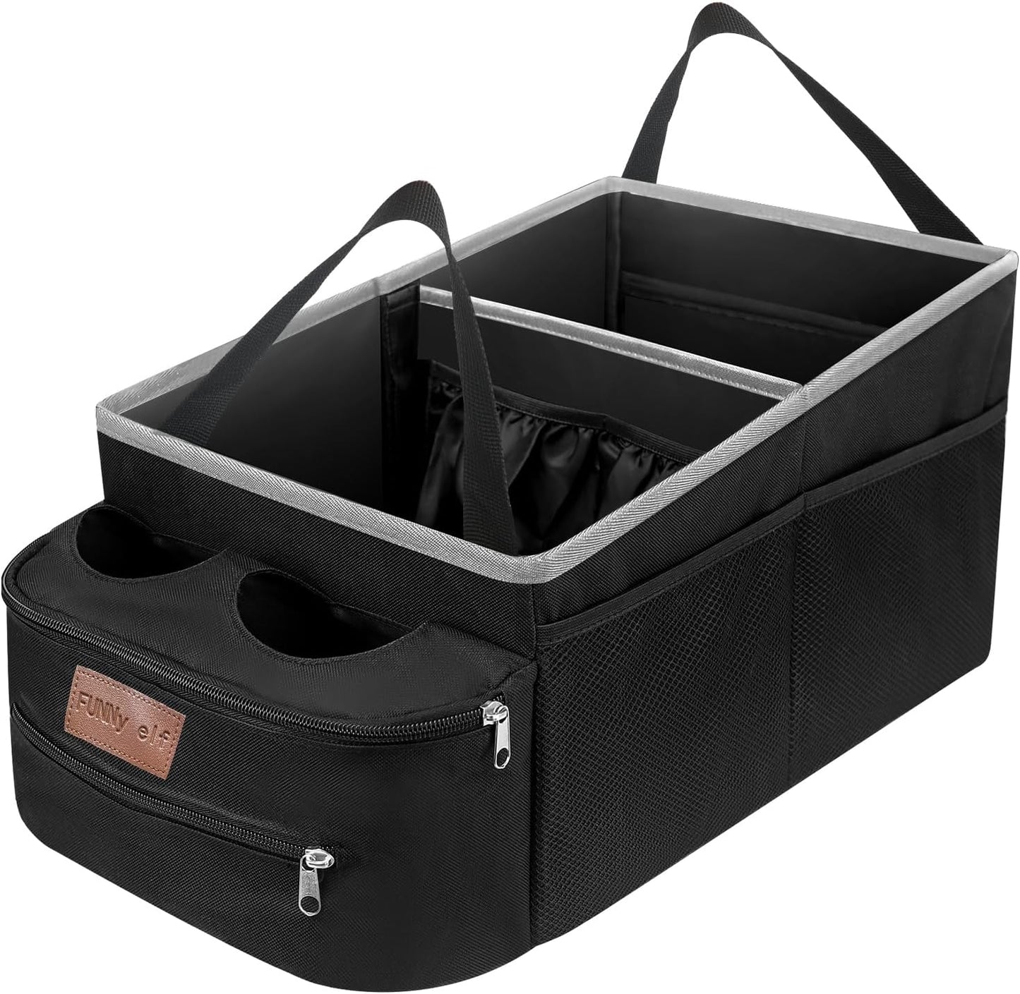 FUNNy elf Car Backseat Organizer for Cars, Collapsible Front Seat Organizer with 4 Cup Holders, Storage Pockets & Dividers, Passenger Seat Organizer for SUV, Truck, Sedan