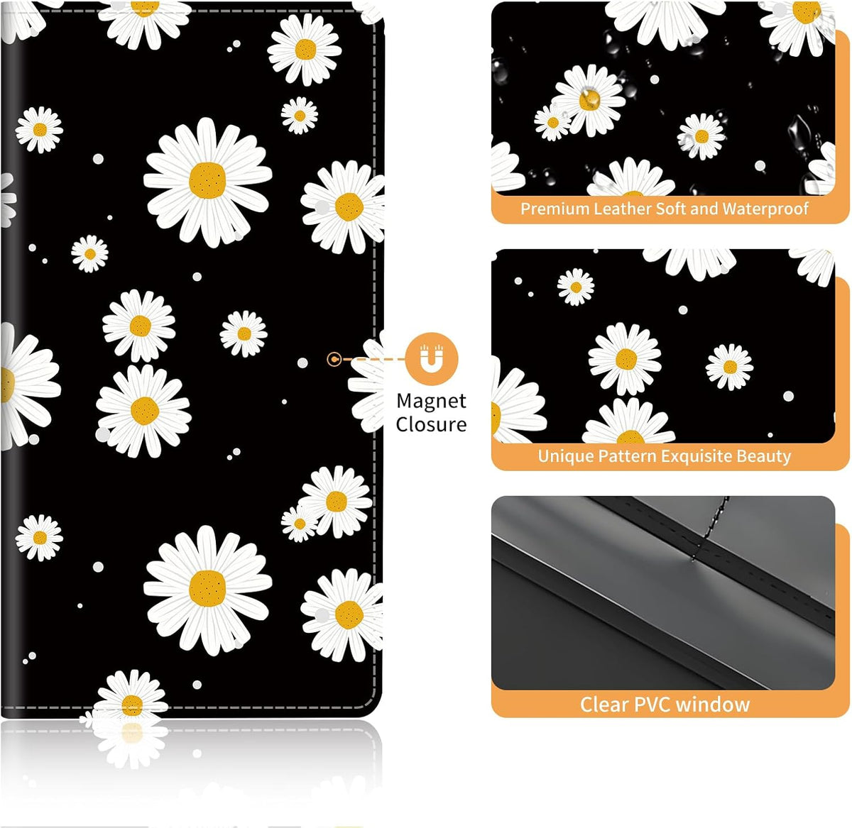 Premium Leather Car Registration and Insurance Card Holder with Magnetic Shut, Cute Vehicle License Document Glove Box Compartment Organizer Cool Car Accessories Black Daisy Floral