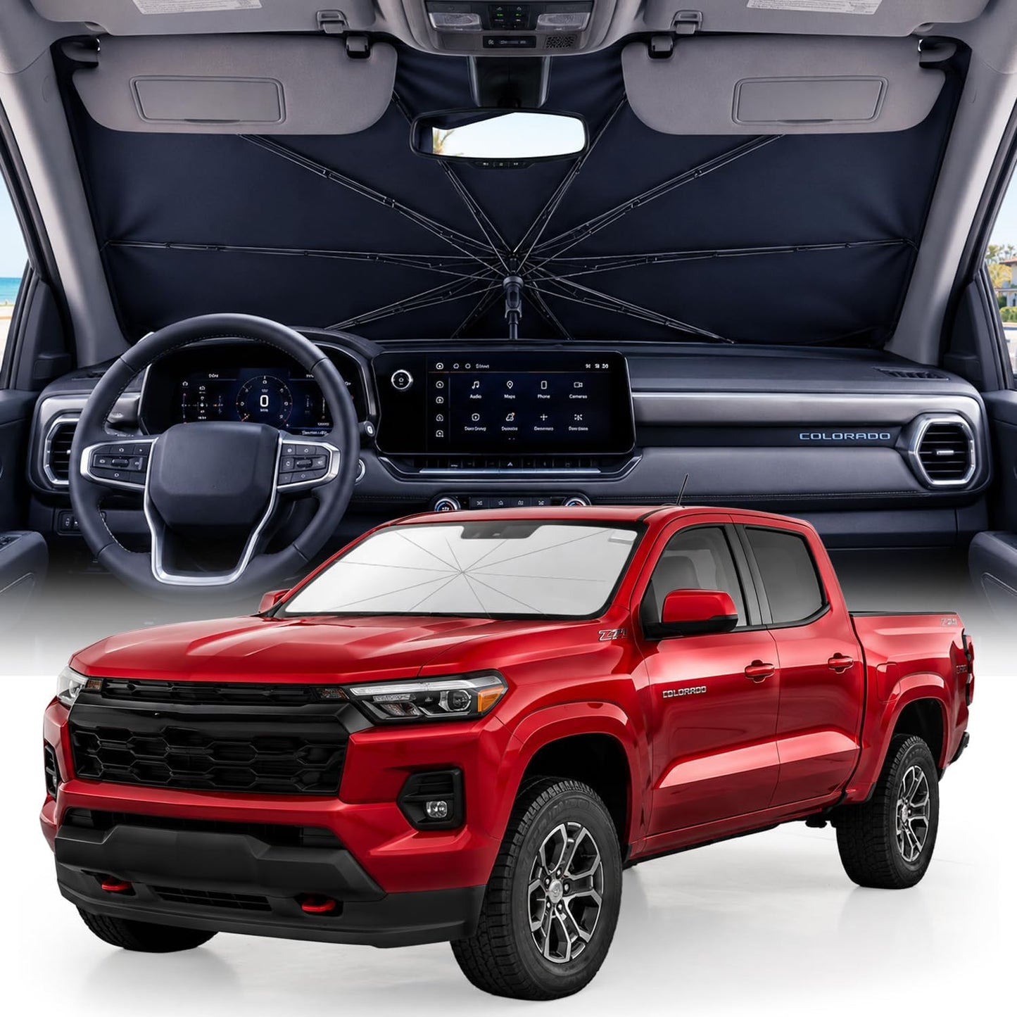 [2026 Upgraded] Weektic Truck Windshield Sun Shade for F-150/Silverado/Tundra/RAM 1500/Sierra - 5 Layers Ice Crystal Coating Blocks 99% UV, Cools Interior | 360° Swivel Handle for Easy Use