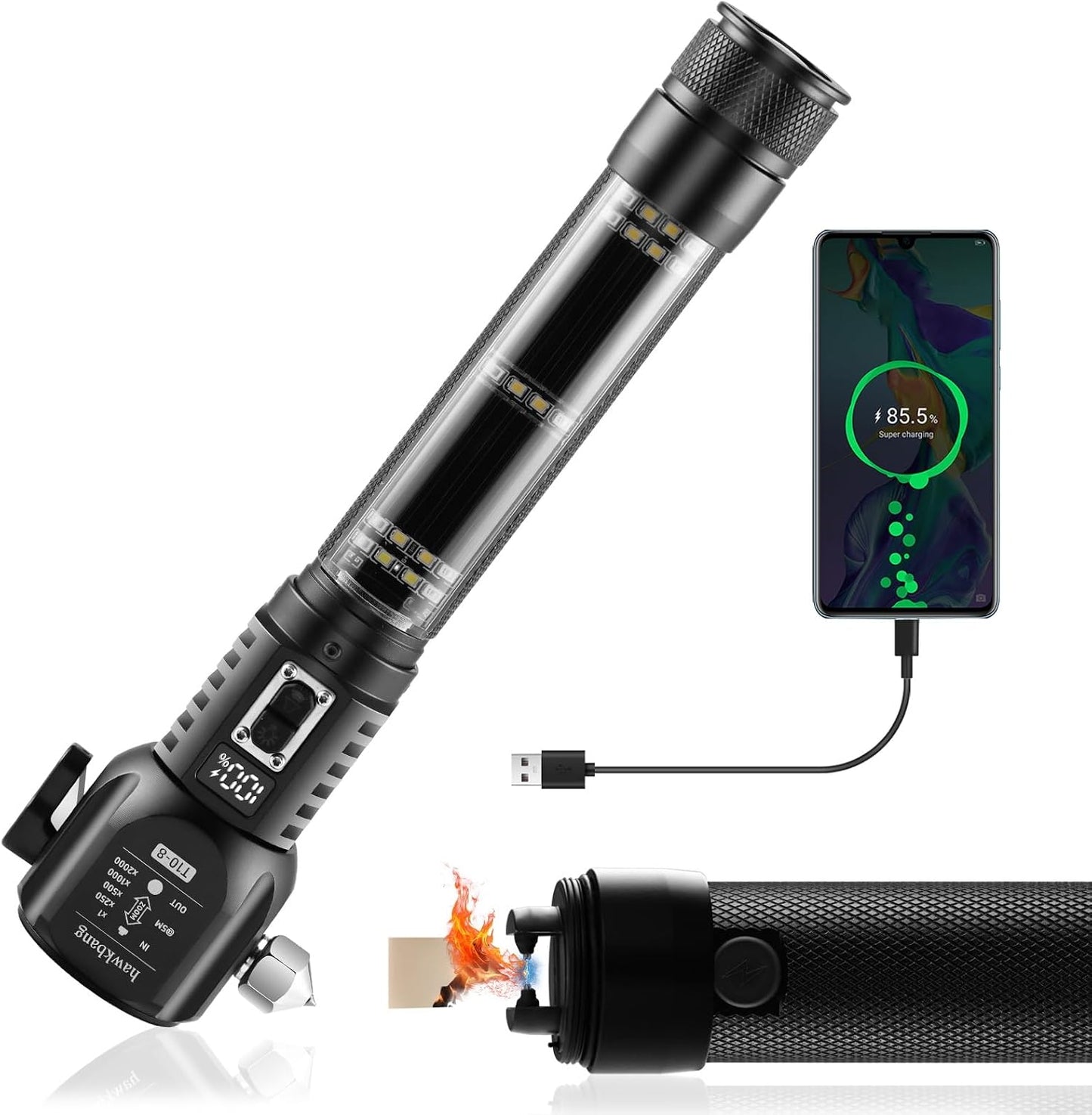 18-in-1 Car Emergency Flashlight, Window Breaker Seatbelt Cutter | 800LM solar/usb flashlight, magnetic base, emergency power bank, electric lighter, 120dB alarm & compass. Ideal driver gift