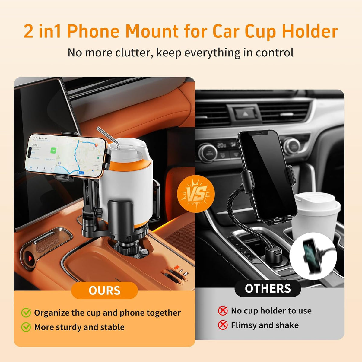 Phone Holders for Your Car, 2 in 1 Cup Holder Phone Mount with Expander, Secure Hold, Adjustable Base and Long Arm with 360°Rotation Car Phone Holder for 4-7‘’ devices and Up to 5.31'' Most Bottles
