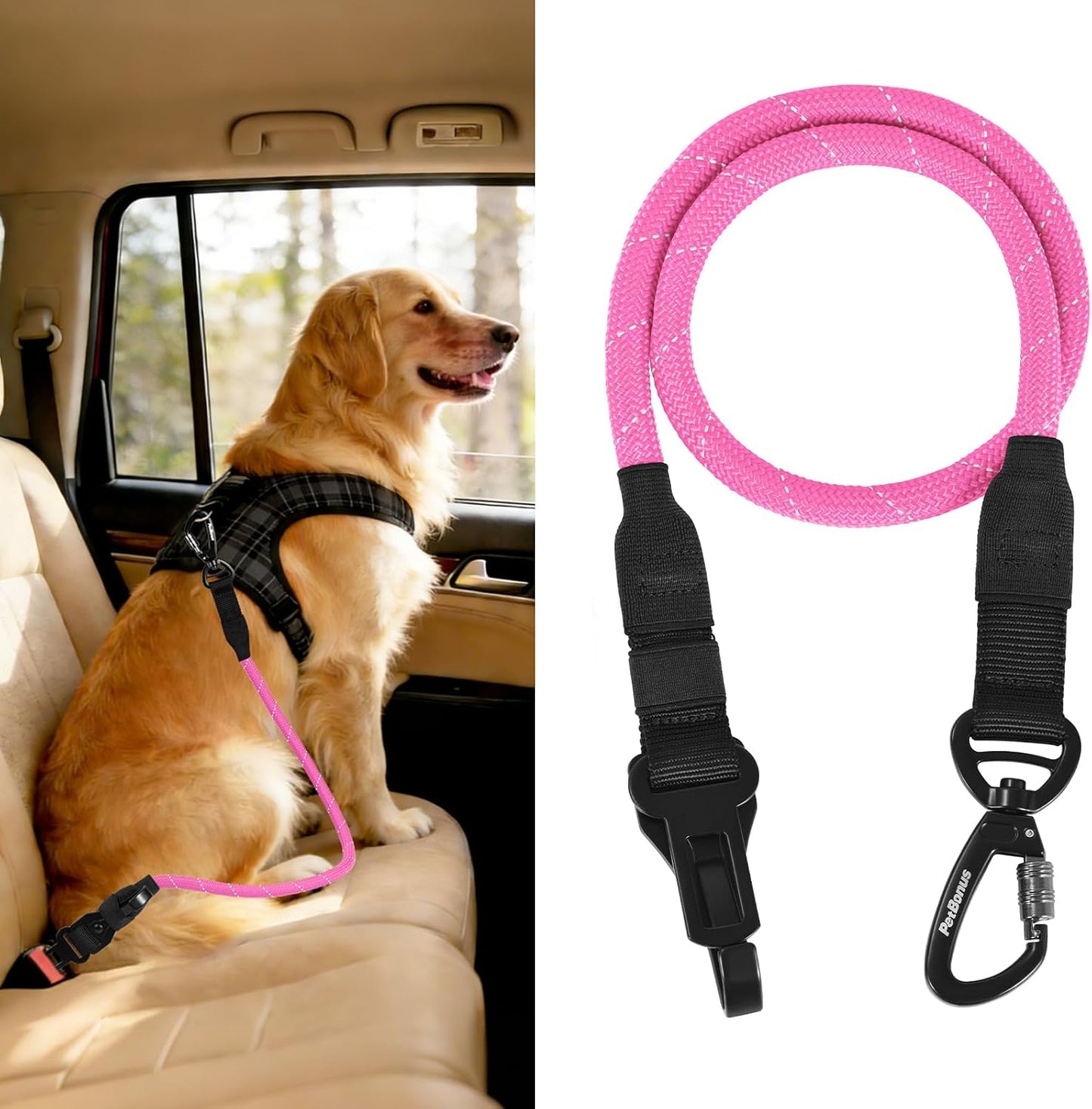 PetBonus Dog Seat Belt for Car, Durable Rope Dog Car Harness Seatbelt for Vehicle, Pet Tether Safety Restraint with Heavy Duty Buckle Hook Latch Lockable Clip for Small Medium Large Breeds (Pink)