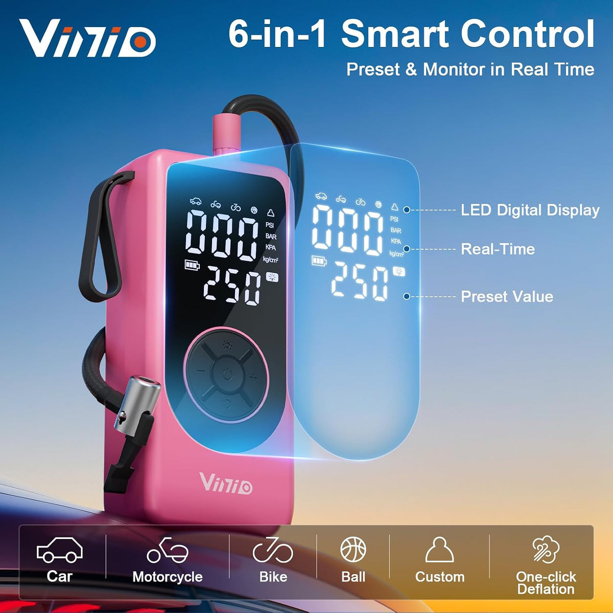 Vinid Tire Inflator Portable Air Compressor, 6000mAh Battery with Cigarette Lighter Adapter, 90W Fast Inflation, 6 Modes, Digital Display, Storage Bag & Handle, for Car Tires, Bike, Motorcycle, Ball