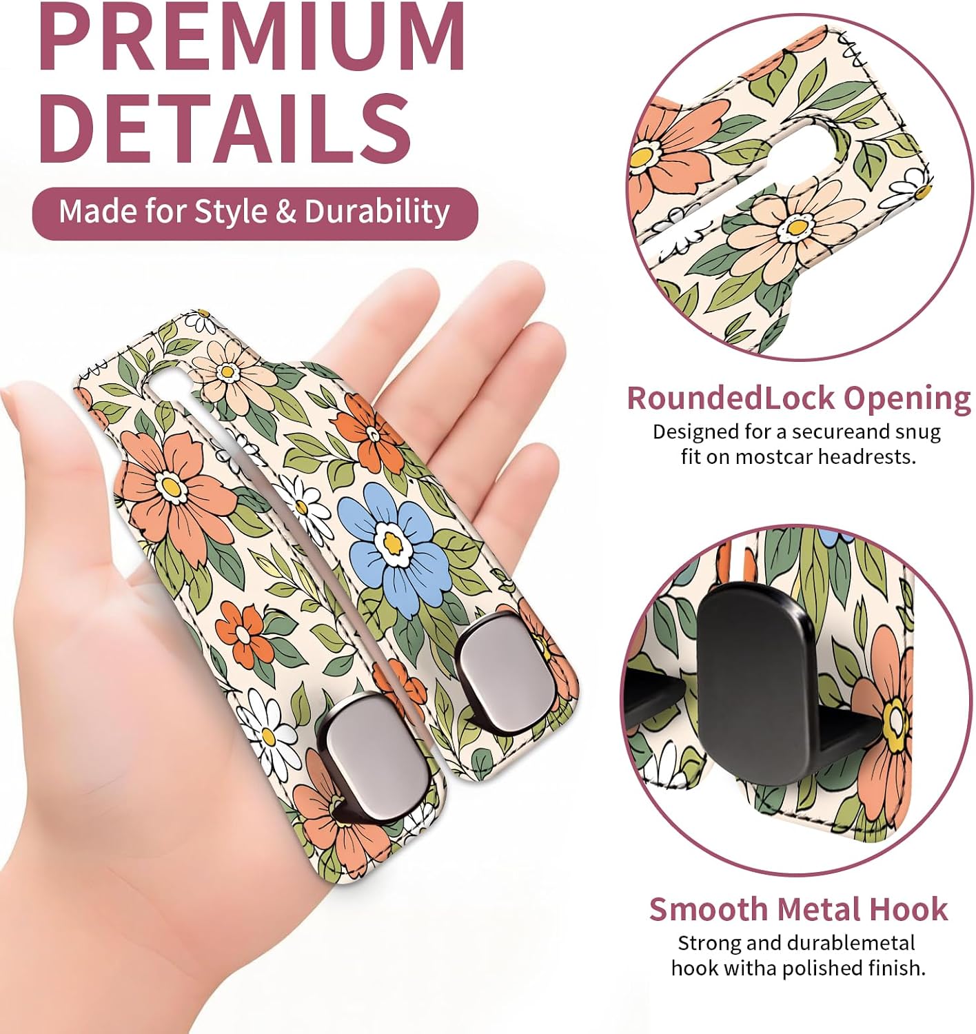 Car Seat Back Storage Hook, Funny Car Purse Hook, Cute Vehicle Storage Organizer for Purses Handbags Orange Vintage Floral