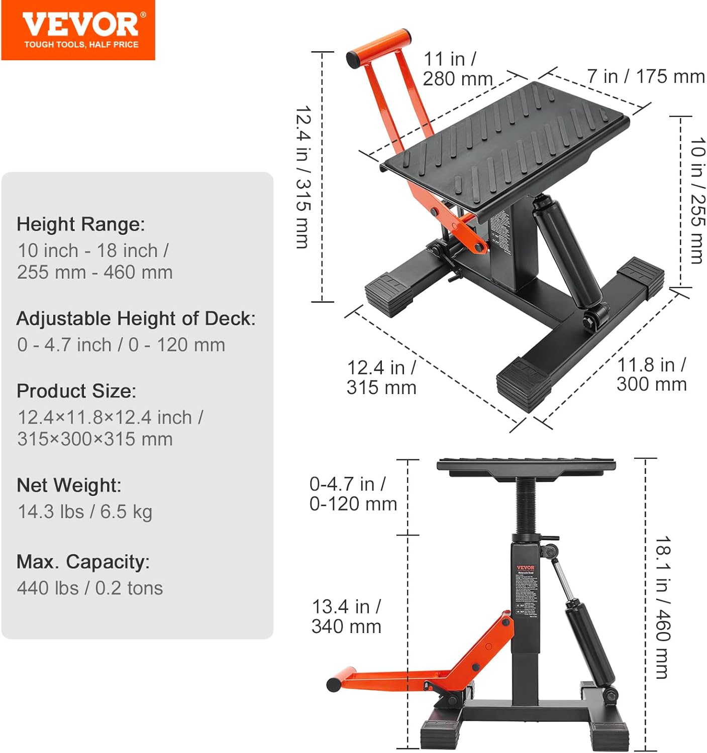 VEVOR Dirt Bike Lift Stand, Motorcycle Jack Lift Stand 440 lbs Capacity and Hydraulic Lift Operation, Adjustable Height Hoist Table, for Dirt Pit Bike Repair, Maintenance, Dirt Bike Accessories