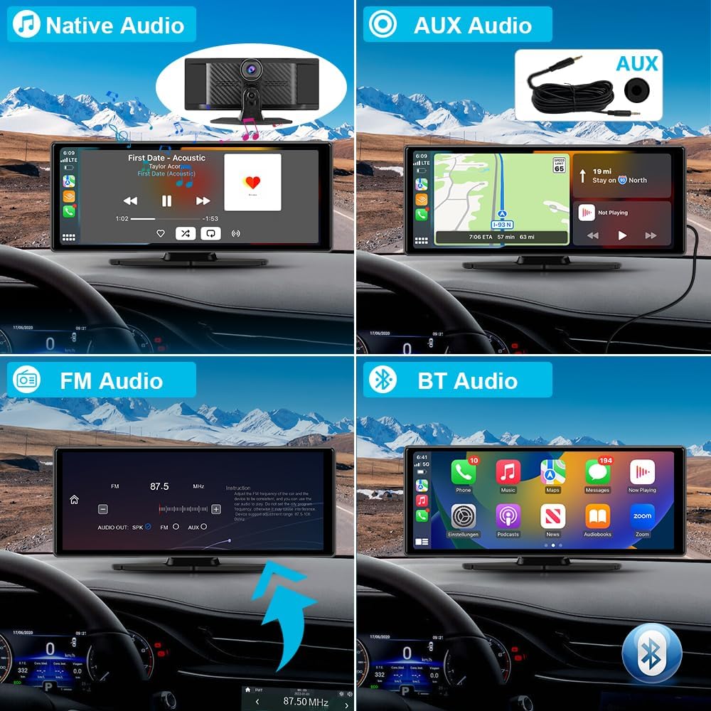 10.26" Carplay Screen for Car Portable, Carplay & Android Auto Car Stereo, Touchscreen GPS Navigation 4K Dash Cam/1080P Backup Camera/Mirror Link/Bluetooth/Voice Control
