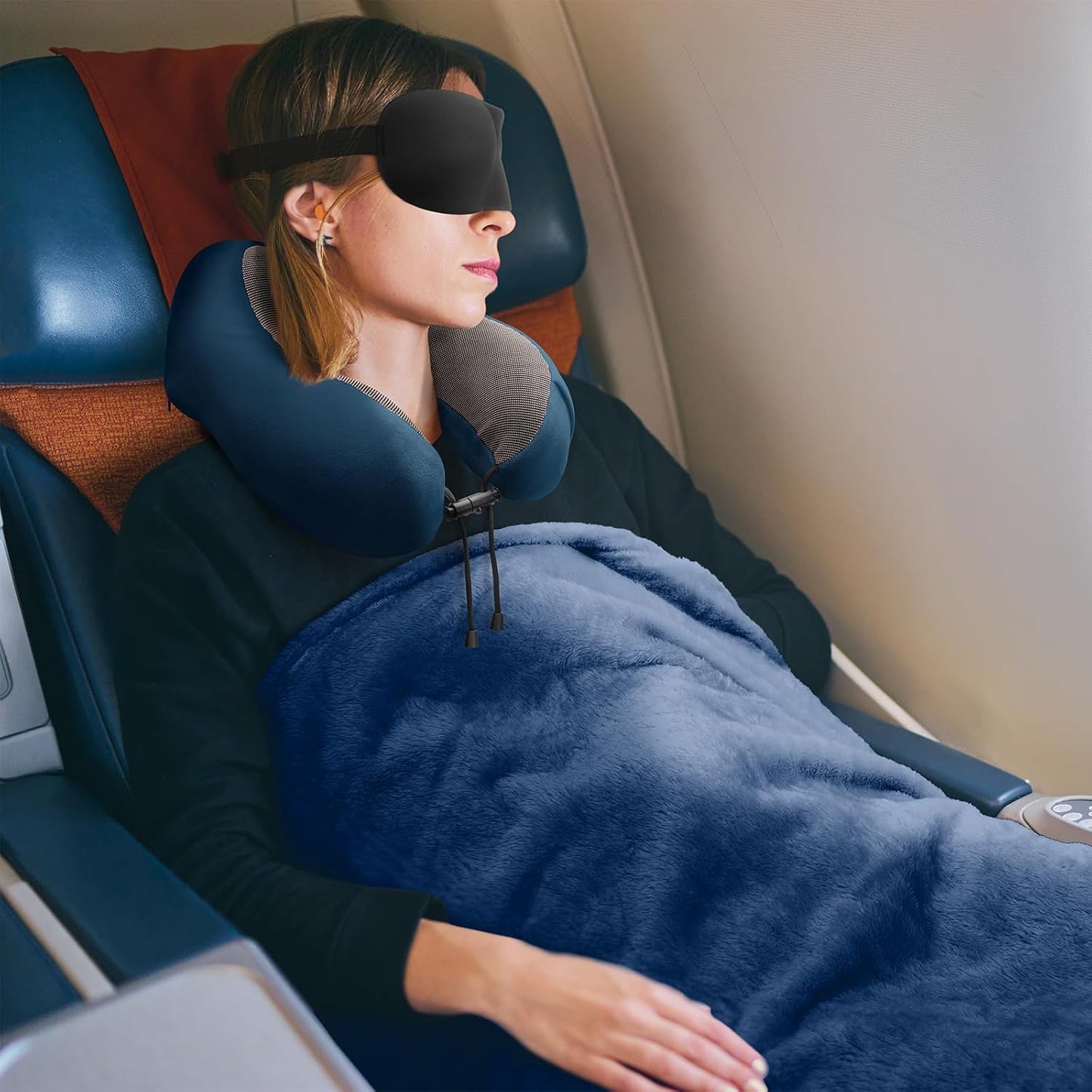 urnexttour Travel Pillow and Blanket Set Neck Pillows Travel Essentials with Sleep Mask for Airplane Car Memory Foam Blue