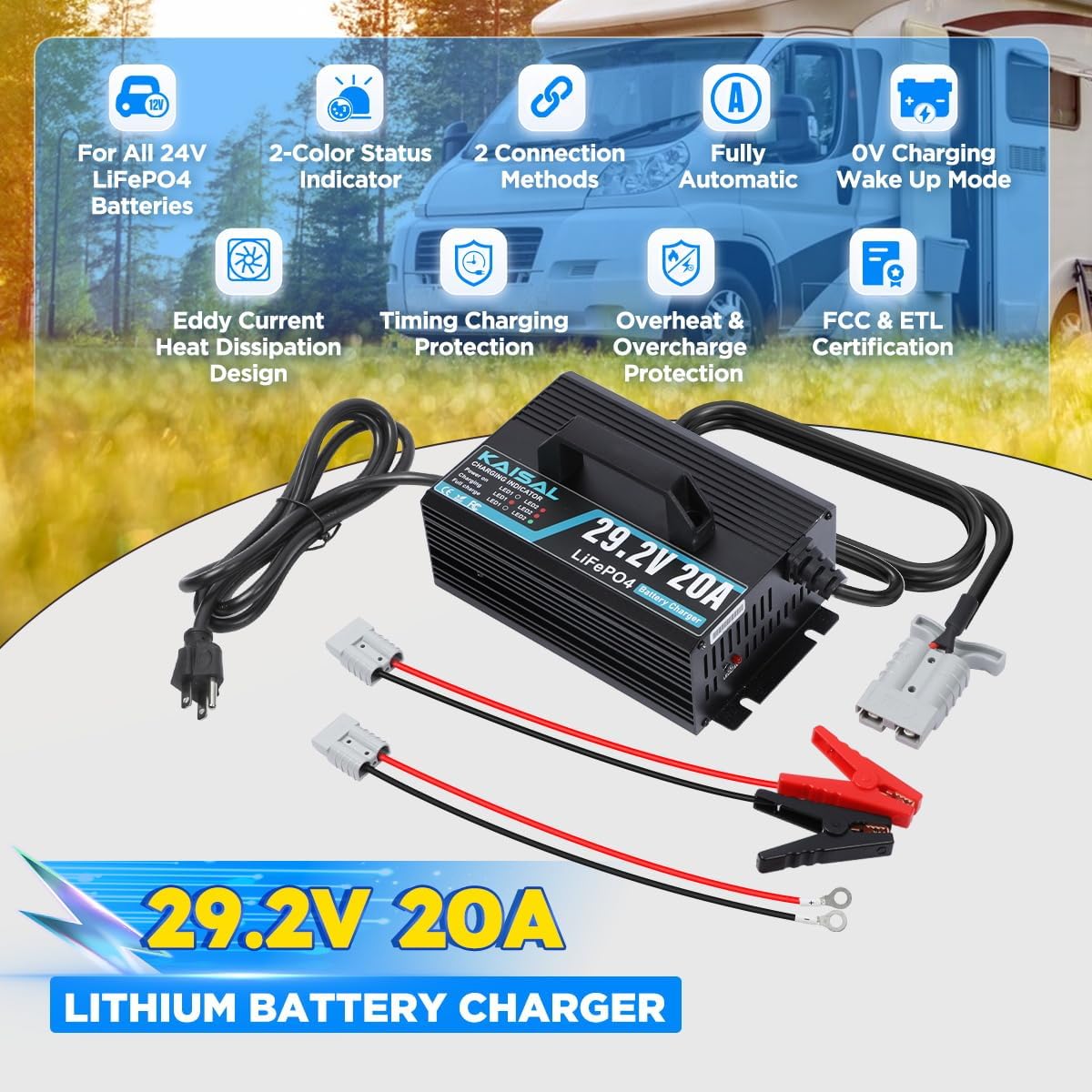 24V 20A Lithium Battery Charger 29.2V LiFePO4 Battery Charger 24 Volt Lithium Charger 0V Wake Up LiFePO4 Charger with Indicator, 3 Connectors for 25.6V LiFePO4 Battery of RV, Boat,Truck, Marine, Solar